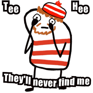 A Cartoon Character With A Red And White Striped Shirt And A Red And White Hat Says They 'Ll Never Find Me GIF