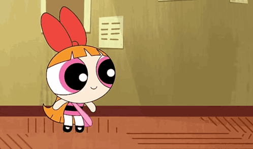 A Cartoon Character With A Red Bow On Her Head Is Standing In A Room GIF
