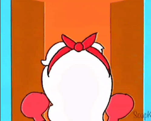A Cartoon Character With A Red Bow On Her Head Is Standing In An Open Doorway . GIF