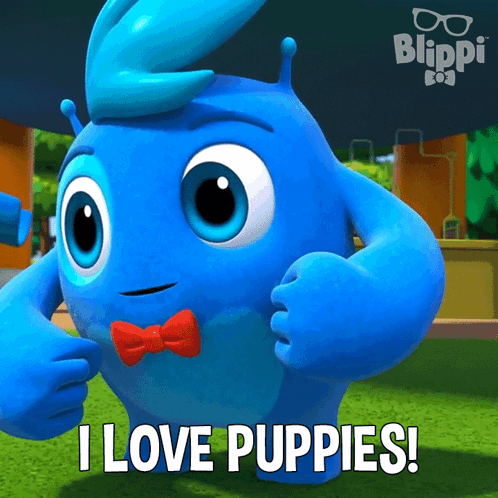 A Cartoon Character With A Red Bow Tie Says " I Love Puppies " GIF