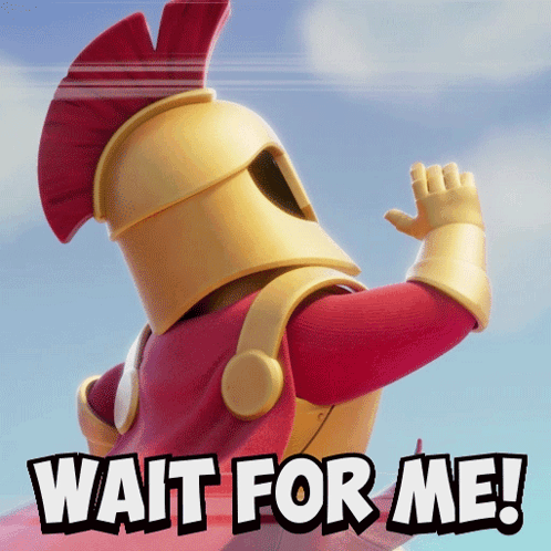 A Cartoon Character With A Red Cape And A Gold Helmet Says Wait For Me GIF