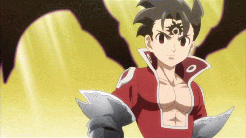A Cartoon Character With A Red Shirt And A Sword On His Chest GIF