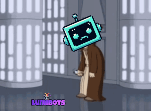 A Cartoon Character With A Robot Head And The Words Lumibots Below Him GIF