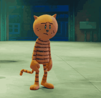 A Cartoon Character With A Sad Look On His Face Is Standing On A Concrete Floor GIF