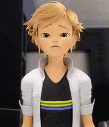 A Cartoon Character With A Sad Look On His Face Is Wearing A White Jacket And A Black Shirt . GIF