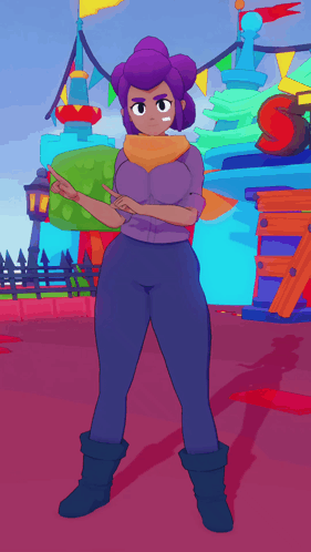 A Cartoon Character With A Scarf Around Her Neck Is Standing In Front Of A Colorful Background GIF