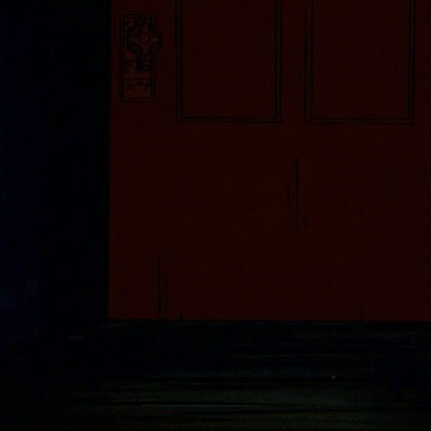 a cartoon character with a scarf around his neck is peeking out from behind a door