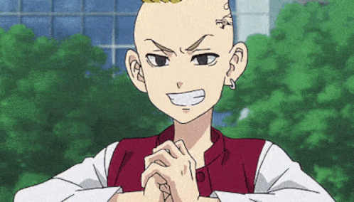 A Cartoon Character With A Shaved Head And A Tattoo On His Forehead Is Smiling With His Hands Folded . GIF
