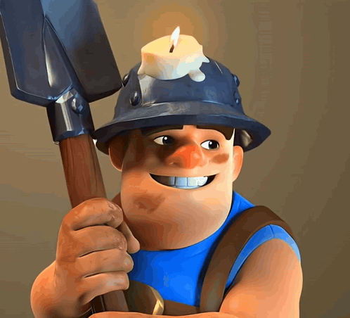 a cartoon character with a shovel and a candle on his helmet