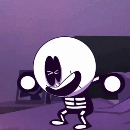 A Cartoon Character With A Skeleton Body Is Standing On A Bed With A Purple Background GIF