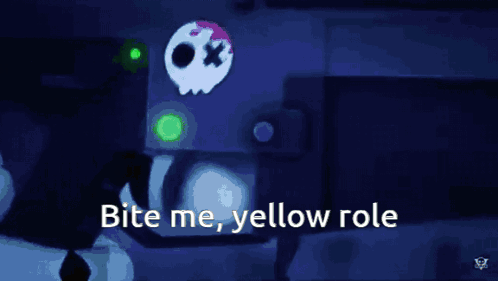 A Cartoon Character With A Skull And The Words Bite Me Yellow Role GIF