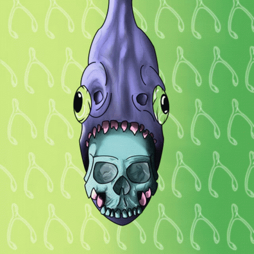 A Cartoon Character With A Skull In Its Mouth GIF