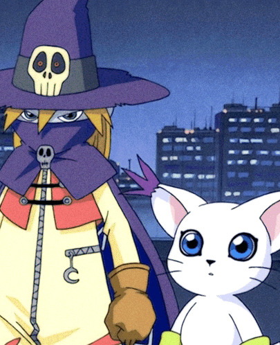 A Cartoon Character With A Skull On His Hat Stands Next To A Cat GIF