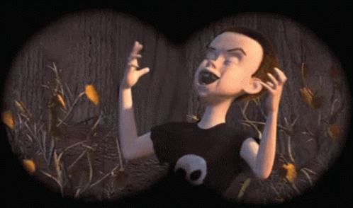 A Cartoon Character With A Skull On His Shirt Is Looking Through Binoculars . GIF