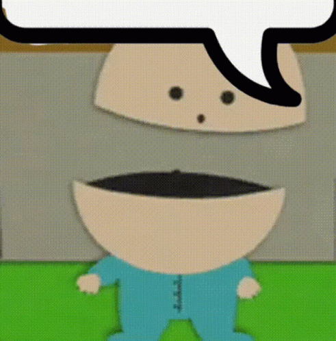 A Cartoon Character With A Speech Bubble Above His Head Is Standing On A Green Field . GIF