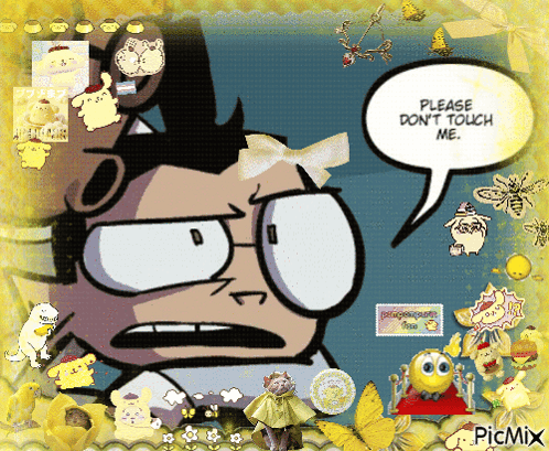 a cartoon character with a speech bubble that says please don t touch me