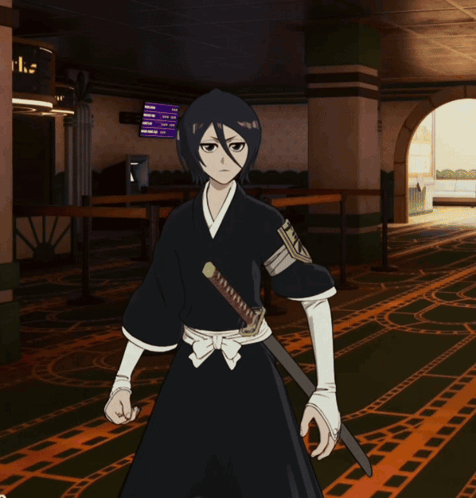 A Cartoon Character With A Sword Stands In A Room GIF