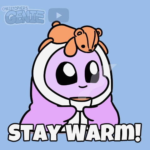 A Cartoon Character With A Teddy Bear On Its Head Says Stay Warm GIF