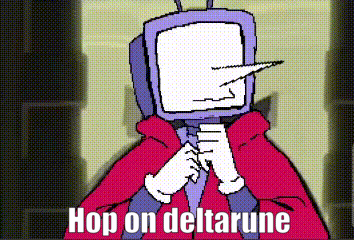 A Cartoon Character With A Television Head And The Words `` Hop On Deltarune '' Written On It . GIF