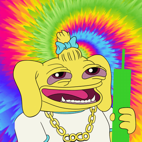 A Cartoon Character With A Tie Dye Background Has A Necklace That Says Coco GIF