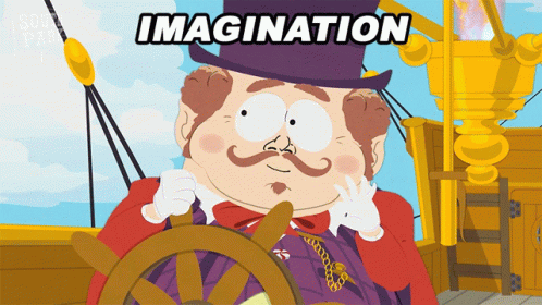 A Cartoon Character With A Top Hat And A Mustache Is Driving A Ship With The Word Imagination Written Above Him GIF