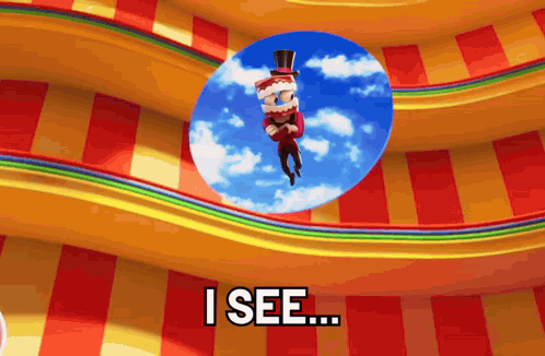 A Cartoon Character With A Top Hat Is Flying Through A Circle With The Words I See GIF