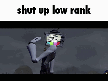 A Cartoon Character With A Tv On His Head And The Words `` Shut Up Low Rank '' Written Above It . GIF