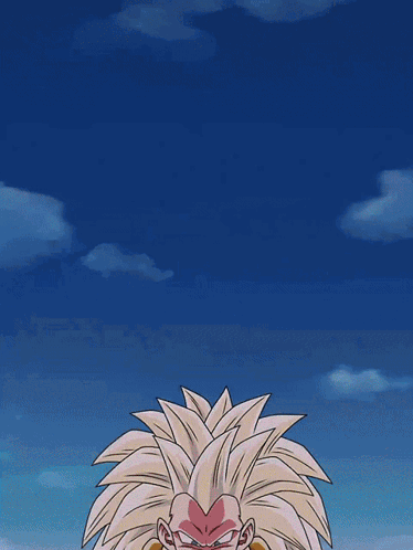 a cartoon character with a very long hair stands in front of a blue sky with clouds