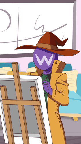 A Cartoon Character With A W On His Face Is Standing In Front Of An Easel GIF