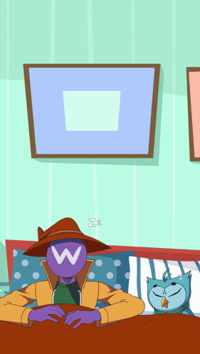 A Cartoon Character With A W On His Face Sleeping Next To A Cat GIF