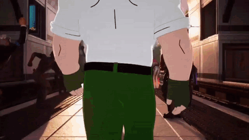 A Cartoon Character With A White Shirt And Green Pants Is Walking Down A Sidewalk . GIF