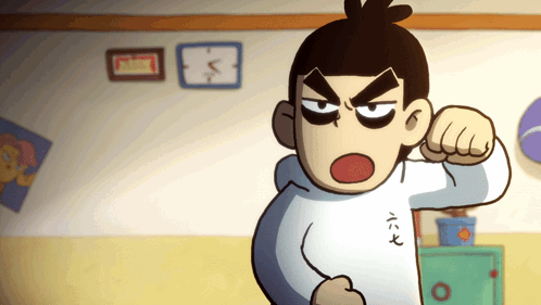 A Cartoon Character With A White Shirt That Says ' 六七 ' On It GIF