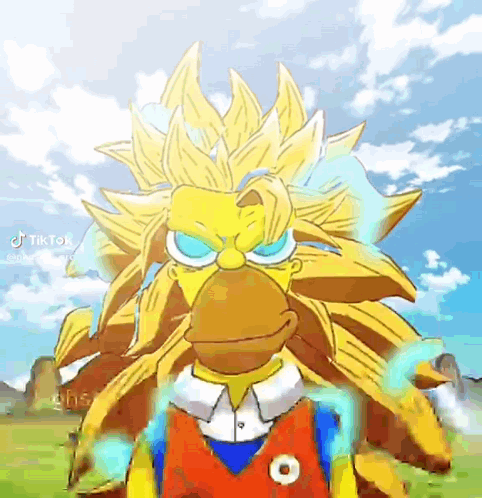 A Cartoon Character With A Yellow Hair And A Red Shirt Is Standing In A Field With A Blue Sky In The Background . GIF
