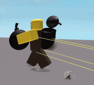 A Cartoon Character With A Yellow Shirt And A Black Bomb On His Back Is Being Attacked By A Robot GIF