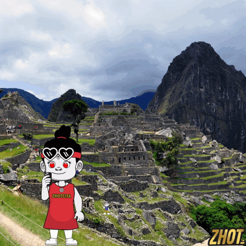 A Cartoon Character With A Zhotcita Shirt On Stands In Front Of A Mountain GIF
