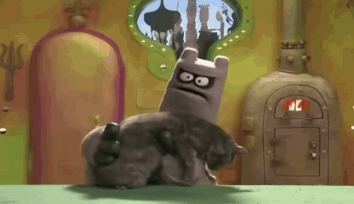 A Cartoon Character With An Angry Face Is Holding A Cat On Its Back . GIF