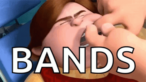 A Cartoon Character With Bands Written On His Face GIF
