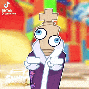 a cartoon character with big eyes and a cross on his head is wearing a robe .