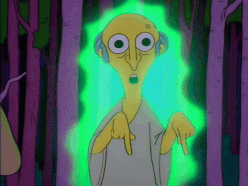 A Cartoon Character With Big Eyes And A Green Light Behind Him GIF