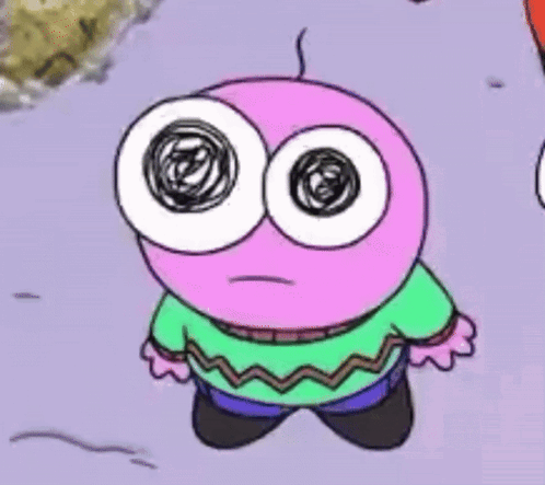 A Cartoon Character With Big Eyes And A Green Sweater Is Standing On A Purple Surface . GIF