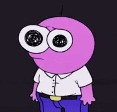 A Cartoon Character With Big Eyes And A White Shirt Is Standing In The Dark . GIF