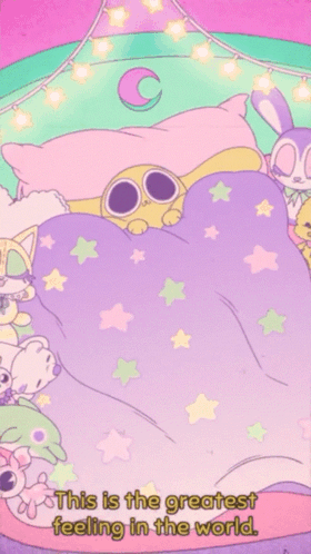 a cartoon character with big eyes and the words i 'm so happy