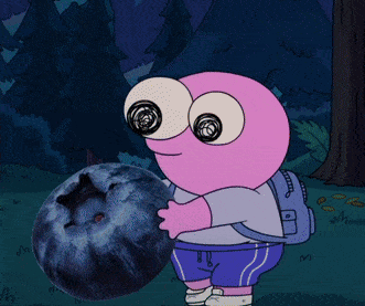 A Cartoon Character With Big Eyes Is Holding A Blueberry In His Hands GIF