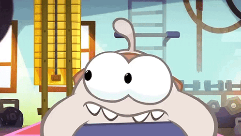 A Cartoon Character With Big Eyes Is Sitting On A Chair In A Gym GIF