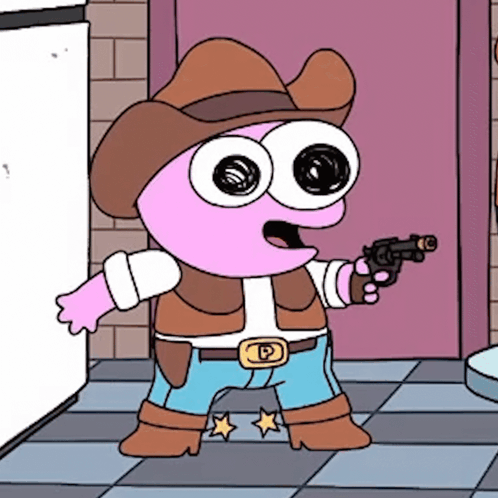 A Cartoon Character With Big Eyes Wearing A Cowboy Hat And Holding A Gun GIF