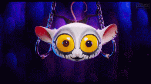 A Cartoon Character With Big Yellow Eyes Is Hanging From A Chain On A Purple Background . GIF