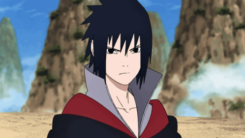 A Cartoon Character With Black Hair And A Red Collar Stands In Front Of Mountains GIF