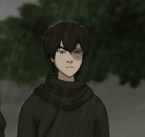 A Cartoon Character With Black Hair And A Scarf Around His Neck Is Standing In The Dark GIF