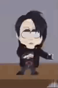 A Cartoon Character With Black Hair And Glasses Is Standing On A Wooden Table . GIF