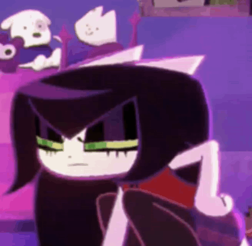A Cartoon Character With Black Hair And Green Eyes Is Sitting On A Purple Couch . GIF